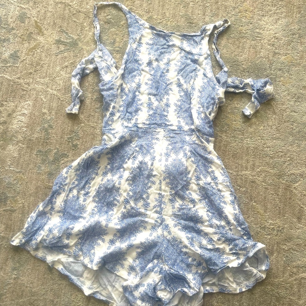 Blue and white floral type style romper
